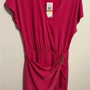 Michael Kors hot pink draped dress with a gold-tone buckle detail